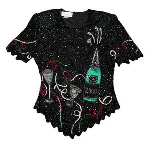 Vtg 2000 Laurence Kazar Y2K Millennium Silk Blouse Top Sequins New Year Medium